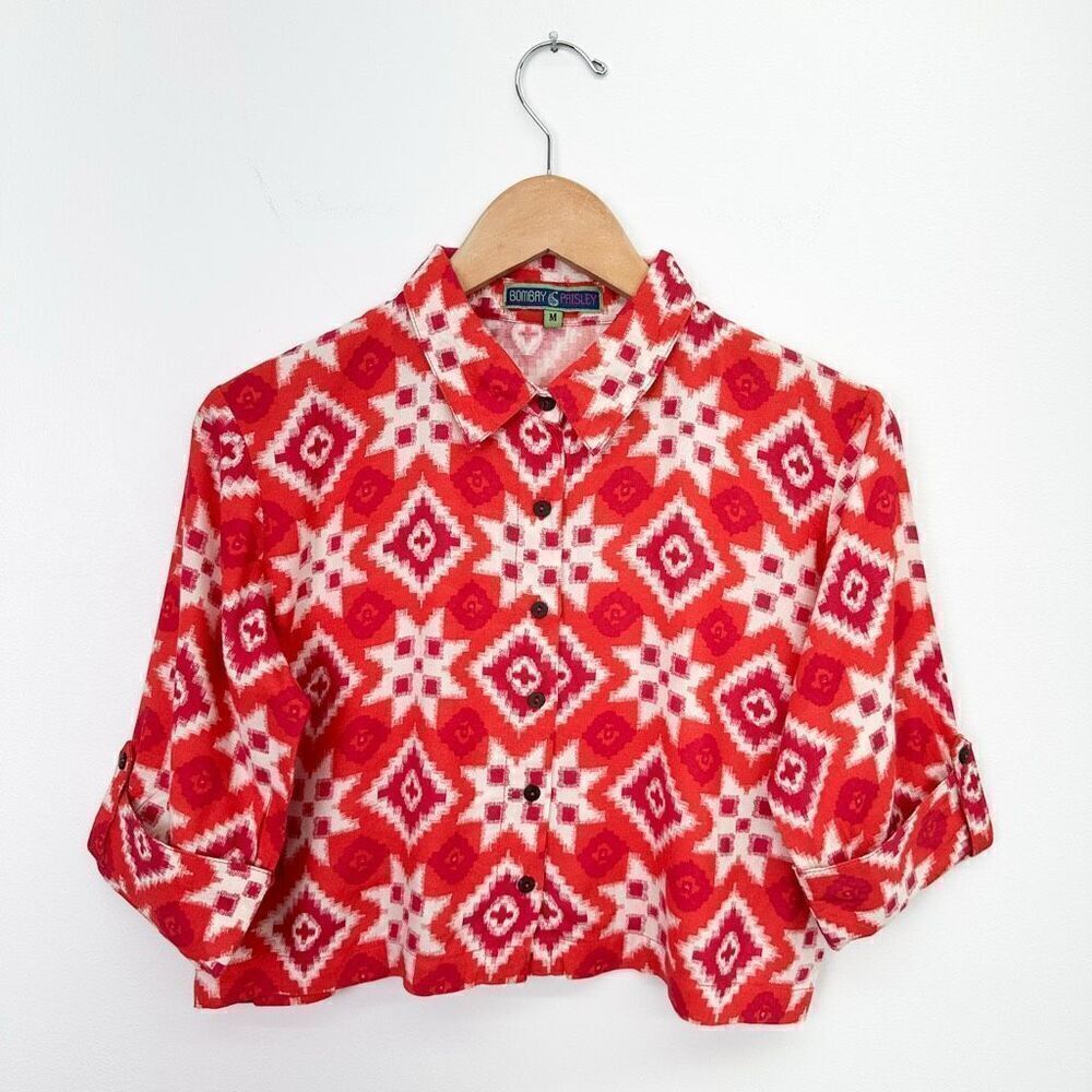 Bombay Paisley Women’s Ikat Cropped 3/4 Sleeve Button Down Hot Pink Wide Leg Hig